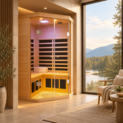 2-Person Corner Far Infrared Sauna Room - Hemlock Wood, Deluxe Transparent Glass Front, Large Capacity Home Sauna