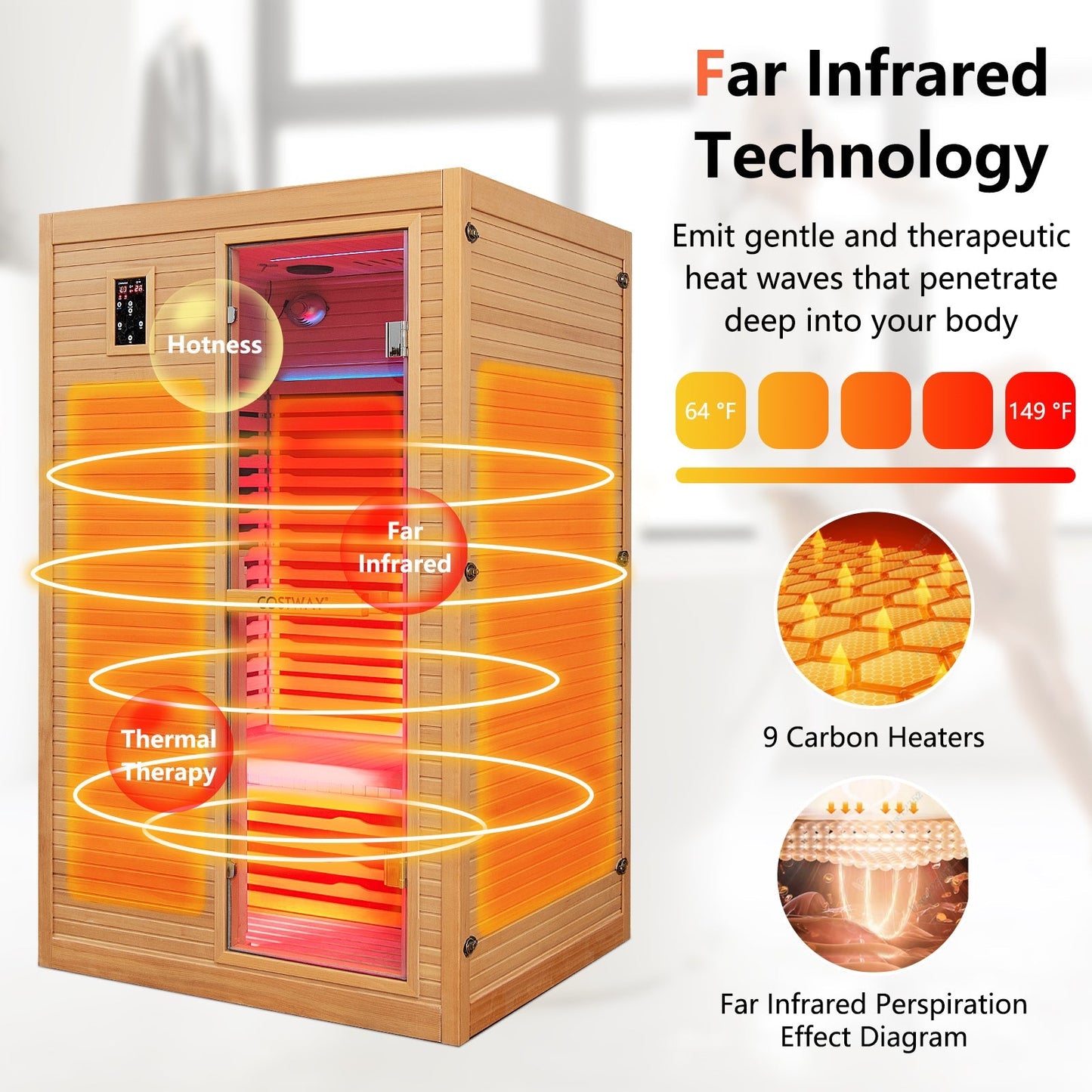 2 People Far Infrared Wooden Sauna Room with Free Red Light Therapy for Home