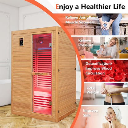 2 People Far Infrared Wooden Sauna Room with Free Red Light Therapy for Home