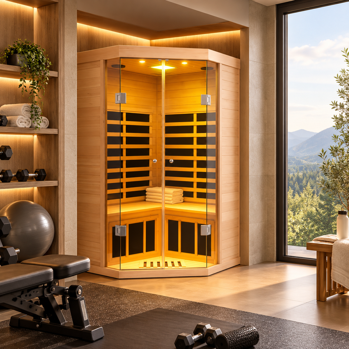 2-Person Corner Far Infrared Sauna Room - Hemlock Wood, Deluxe Transparent Glass Front, Large Capacity Home Sauna